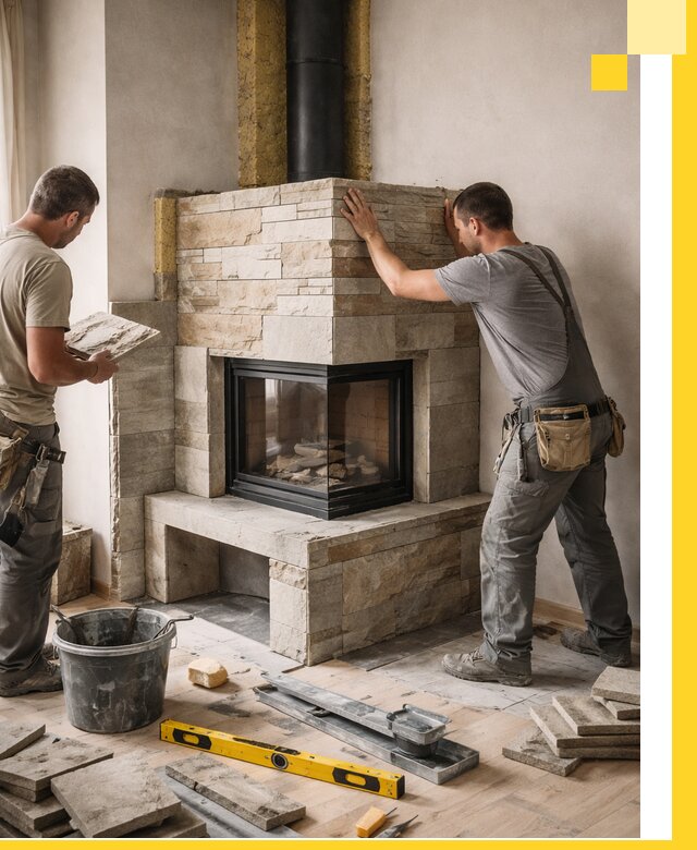 Угловые камины под ключ проект, монтаж и отделка в Полысаеве