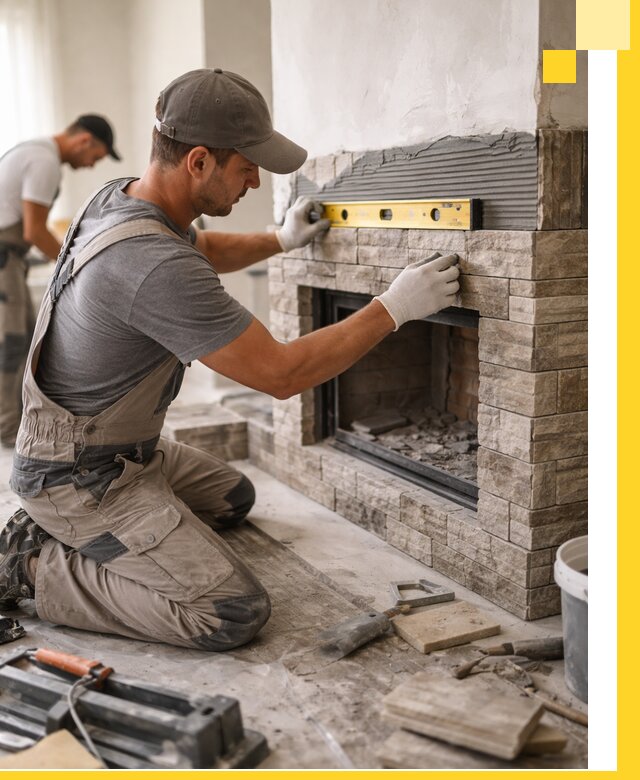 Облицовка каминов в Полысаеве, монтаж и отделка натуральным камнем