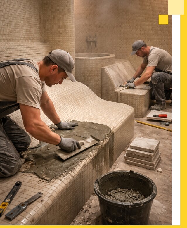 Лежаки для хамама под ключ в Полысаеве, проект и монтаж